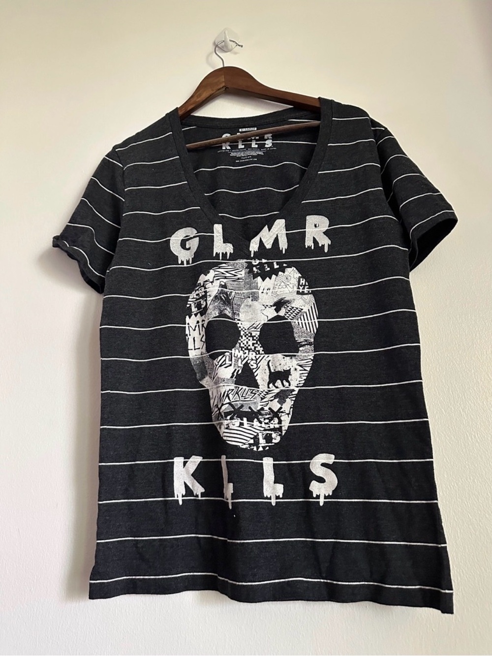 Glamour Kills Charcoal & White Striped Skull V‑Neck Tee